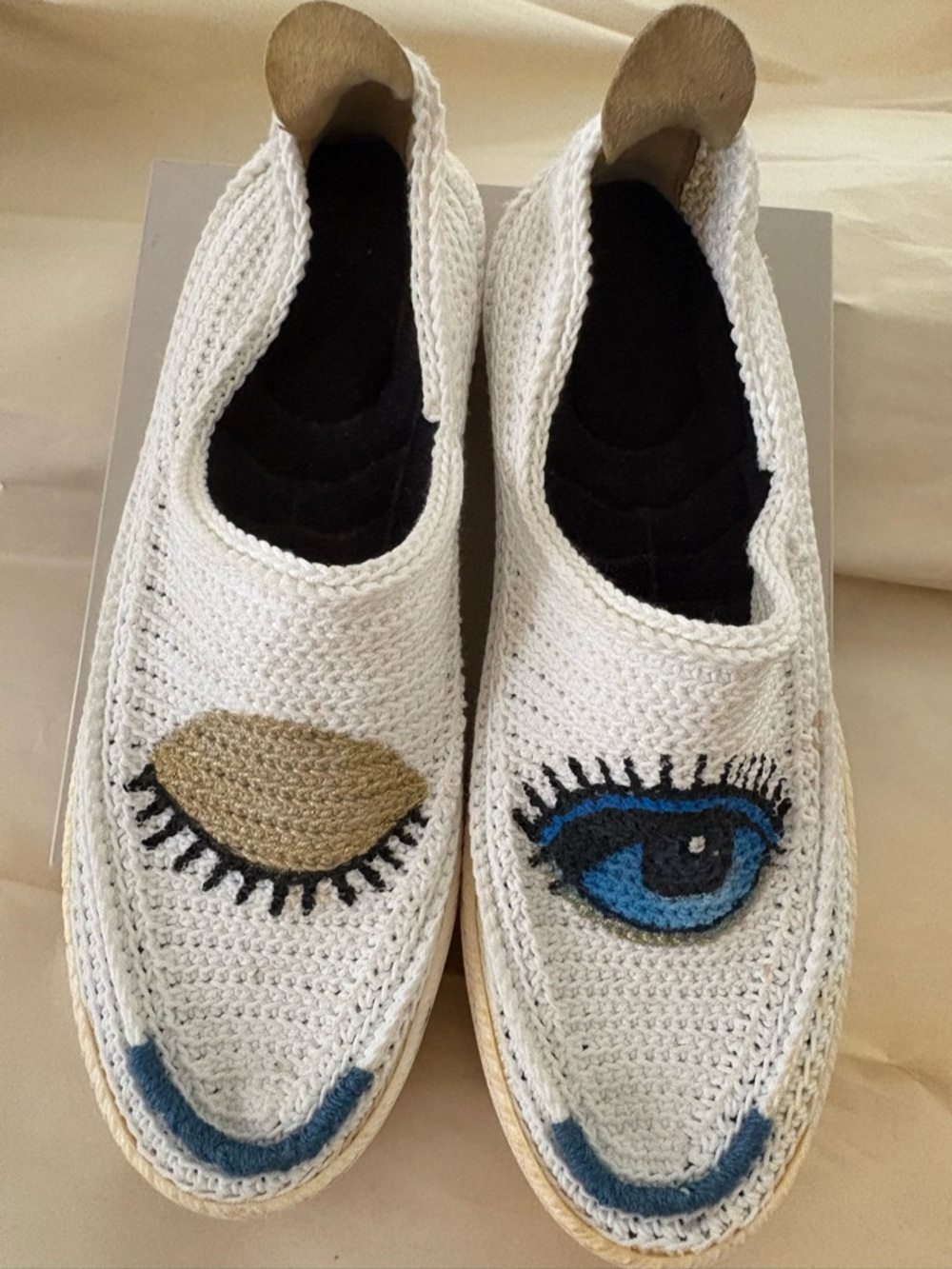 White Crochet Slip-On Flats with Blue Eye Embroidery